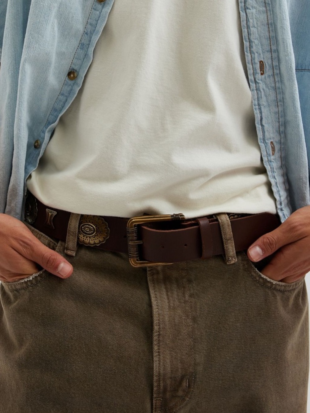 🟠NWT URBAN OUTFITTERS Unisex Embellished Leather Belt in Brown XL
